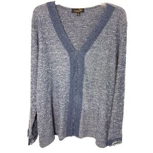 Suzanne Betro Heathered Knit Henley Pullover Top Size XL Crochet Trim‎ Top